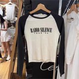 Ifomt New Classic Letter Print Y2K Tee Tops Woman Black White Patchwork Tight T-shirts Long Sleeve O Neck Slim Street Tshirt Cotton
