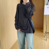 IFOMT Spring Autumn Women Harajuku Striped T Shirt Long Sleeve O-Neck T-Shirts Korean Casual Oversized T Shirt Femme Black Tops