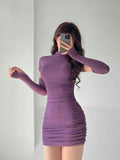 IFOMT Women's Tight Hip Wrap Mini Dress with Sleeves Spicy Girls Slim Dresses Bodycon Party Clothing Sexy Summer