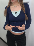 IFOMT Patchwork Fake Two-piece T-shirt Vintage Crop Top Women Y2k Basic Skinny Full Sleeve T Shirts 2000s Aesthetic Fall Top Casual