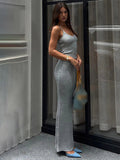 Ifomt Fashion Solid Sequin Spaghetti Strap Top 2 Piece Set Chic Sleeveless High Waist Long Skirt Suit New Lady Party Club Outfits 2025