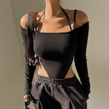 IFOMT Y2K Black Sexy Off Shoulder Halter Bodysuit Aesthetic Spaghetti Straps Long Sleeve Bodycon T Shirt Women Clubwear Bodysuits