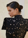 Ifomt Elegant Hollowed Lace Maxi White Dress Women Fashion Mock Neck Long Sleeved Shoulder Padded Robes 2025 Evening Women's Clothing