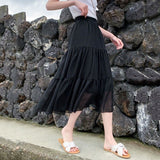 IFOMT Summer Women Chiffon Skirts Vintage High Waist Elastic Patchwork White Black Chic Mid Length Cake A-line Skirt for Student