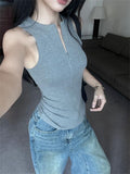 IFOMT Solid Ribbed Zipper Tank Top Women Street Basic Skinny Elastic Sleeveless Tops Low Cut Sexy Crop Top Y2k Clothing Tee Shirts