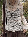 IFOMT Crochet Hollow Long Sleeve Knit Top