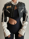IFOMT Cropped Patchwork Pu Leather Jacket