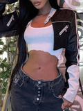 IFOMT Cropped Patchwork Pu Leather Jacket