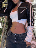 IFOMT Cropped Patchwork Pu Leather Jacket