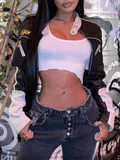 IFOMT Cropped Patchwork Pu Leather Jacket
