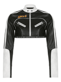 IFOMT Cropped Patchwork Pu Leather Jacket