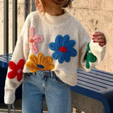 IFOMT Crochet Flower Pullover Knitted Sweater Women's Fashion Loose Lantern Long Sleeve Embroidery Knit Top Streetwear Fashion