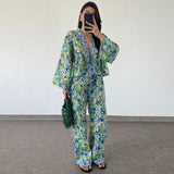 IFOMT Party Otufit Fashion Print Two Piece Sets Women Trendy Loose Long Sleeve Lace Up Shirts Wide Legs Trousers 2 Piece Set Female Commuting Suits