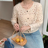 Ifomt Long Sleeve Crochet Top for Women Sheer Button Up Hollow Out Openwork Knit Cardigan Jacket Spring Summer Boho Vacation Outfit Casual Outfit