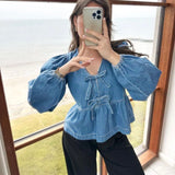IFOMT Outfit Women's Y2K Vintage Denim T-Shirts Elastic Lantern Long Sleeve Aesthetic Bow Tied V-Neck Ruffled Flare Cropped Tops