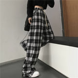 IFOMT Oversize Women Sweatpants Fashion Black Plaid Casual Pants Baggy Elastic Waist Pockets Student Unisex Hip Hop Loose Trousers