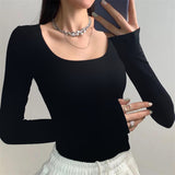 IFOMT U Neck Long Sleeve Shirt Women Warm Fleece Sexy Cropped Tops Autumn Winter Black Casual Skinny Slim Basic T Shirt Woman
