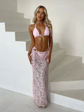 Ifomt Sexy Pink Lace Bikini Suit Fashion Lace Up See Through Sleeveless Off Shoulder 3 Piece Set New Lady Summer Vacation Beach Outfit