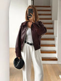 IFOMT Faux Leather Short Jacket For Women Zipper Long Sleeve Lapel Moto Biker Street Coats Female 2024 New Chic Outwear Top