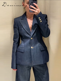 Ifomt Elegant Solid Denim Women Trouser Suits Lapel Pocket Jacket Strapless Tanks Straight Pants 2025 Spring New Fashion Female Sets