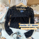 Ifomt Lace Flower Sheer Long Sleeve Tee Perpetive Casual Solid Women T-shirts O Neck Thin Tight Sexy Fashion Spring Summer Y2K Top