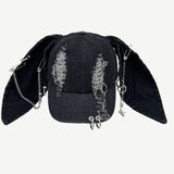 Ifomt Niche Y2k Rabbit Ears Denim Ripped Baseball Cap Men and Women Dark Personality Metal Ring Street Trend Adjustable