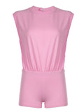 IFOMT Spring Outfits Hollow Out Back Sleeveless Boho Blouse Rompers Womens O Neck Solid Simple Casual Summer Vacation Beach Playsuits Pink