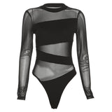 IFOMT Spring Summer New Fashion Cut Cross Hollow Mesh Jumpsuit Long-Sleeved Thin O Neck Diagonal Black Charming Bodysuit Clubwear