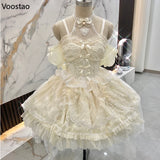 Ifomt Japanese Sweet Lolita Jsk Dress Women Elegant Pearl Mesh Lace Bow Princess Evening Party Dresses Kawaii Flower Wedding Dress