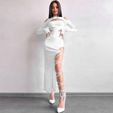 IFOMT Casual Winter Outfits Knit Rib O Neck Hollow Out Long Sleeve Slit Korean Lace Up Elegant Dress Fashion 2024 Evenig Party Y2K Casual Clothing