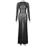 IFOMT Outfits Women's Summer Y2K Vintage See-Through Mesh Sheer Long Sleeve Backless Cross Tie-Up Evening Party Cover-up Long Dress