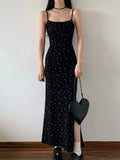 IFOMT Women Summer Sexy Bodycon Dress Lady Sexy Spaghetti Strap Sleeveless Split Sheath Floral Dress Maxi Black Vestidos