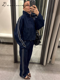 Ifomt Street Denim Stripe Pants Set Women Long Sleeve Stand Collar Pocket Zipper Jacket Suit 2025 Straight Lace Up Casual Jeans Sets
