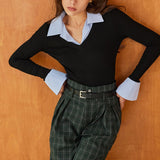 IFOMT Outfit Women's OL Y2K Striped Contrast Color Slim Fit Tops Lapel Neck Flare Long Sleeve Aesthetic T-Shirts Club Streetwear