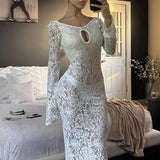 IFOMT White Sexy Lace Hollow Long Sleeve Dress For Women See Through Maxi Dress Hot Girl Fashion Bodycon Backless Outfits LadyChristmas Gifts