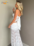 Ifomt Sexy Backless Hollow Out Camisole Top Suits White Lace High Waist Slim Fit Transparent Long Skirts Set Summer Casual Party Sets