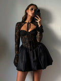 IFOMT Sexy Lace Bandage Mini Dress Women's Fashion See Through A-line Dress Fishbone Splice Long Sleeve Black Gown Dresses LadyChristmas Gifts