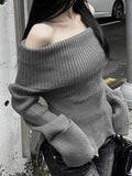 IFOMT Solid Off Shoulder Zip Up Hem Sweater