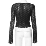 IFOMT Outfit Solid Color V-Neck Long Sleeve Lace-Up Slit Crop Top Wood Ear Hem Super Thin T-Shirt Casaul Cardigan Women