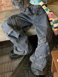 IFOMT Washed Irregular Pocket Splice Cargo Jeans