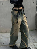 IFOMT Low Rise Washed Furry-Trim Straight-Fit Jeans
