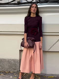Ifomt Elegant Round Collar Long Sleeve Slim Robe Women Contrast Spliced Pleated Hem Long Dress New Lady Fashion Evening Party Dresses