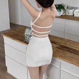 IFOMT White Knitted Hollow Camisole Dress for Women Sleeveless Backless Chic Party Bodycon Elegant Sexy Mini Dress Y2K Clothing