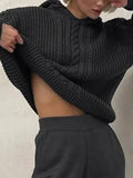 IFOMT Solid Color Hooded Cable Knit Sweater