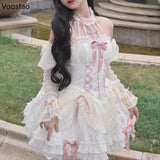 Ifomt Gothic Lolita Princess Dress Women Sweet Bowknot Cross Lace Ruffles Evening Party Dresses Japanese Harajuku Y2k Bandage Vestidos