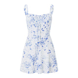 IFOMT Outfit Women's Elegant Flower Print Low Cut Tie-Up Sleeveless Cami Bodycon Corset Short Dress Summer Backless Party Clubwear