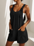 IFOMT Spring Outfits Boho Summer Loose Casual Straps Rompers Womens Black Solid Sleeveless Pocket Vacation Playsuits