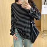 IFOMT Spring Autumn Women Harajuku Striped T Shirt Long Sleeve O-Neck T-Shirts Korean Casual Oversized T Shirt Femme Black Tops