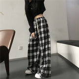 IFOMT Oversize Women Sweatpants Fashion Black Plaid Casual Pants Baggy Elastic Waist Pockets Student Unisex Hip Hop Loose Trousers