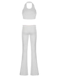 IFOMT Spring Outfits Sweetown White Backless Sleeveless Slim Halter Top & Flared Pants 2 Pieces Sports Sets Womens Simple Casual Summer Yoga Outfits